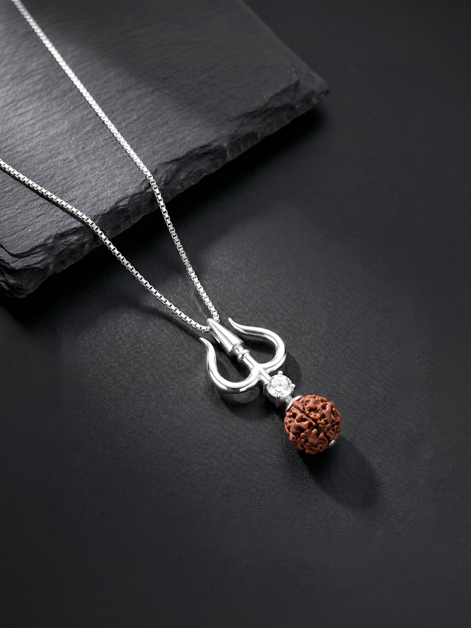 Silver Trishul And Rudraksha Pendant With Box Chain for Him