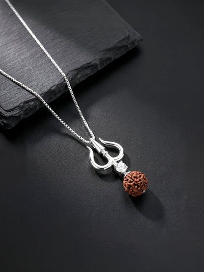 Silver Trishul And Rudraksha Pendant With Box Chain for Him