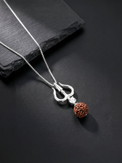 Silver Trishul And Rudraksha Pendant With Box Chain for Him