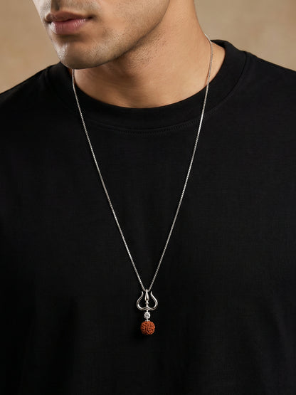 Silver Trishul And Rudraksha Pendant With Box Chain for Him