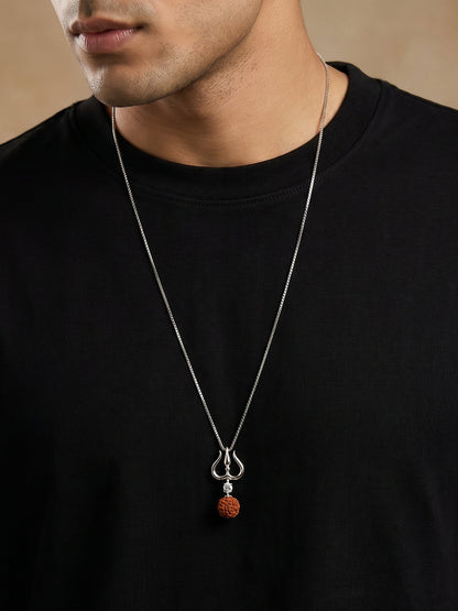 Silver Trishul And Rudraksha Pendant With Box Chain for Him