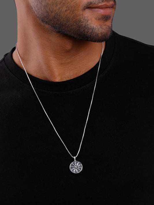 Oxidised Silver Sunshine Pendant With Box Chain For Him