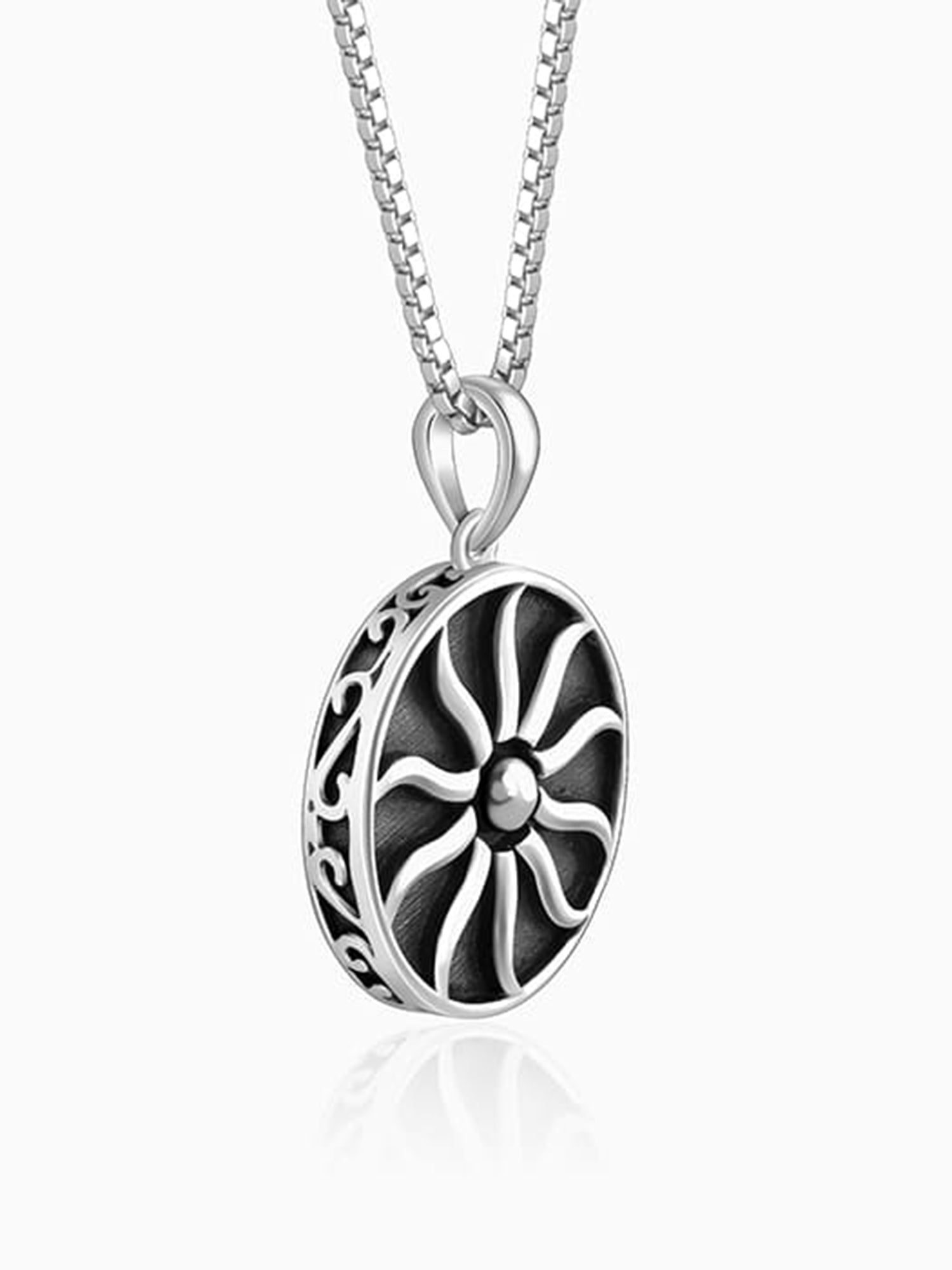 Oxidised Silver Sunshine Pendant With Box Chain For Him