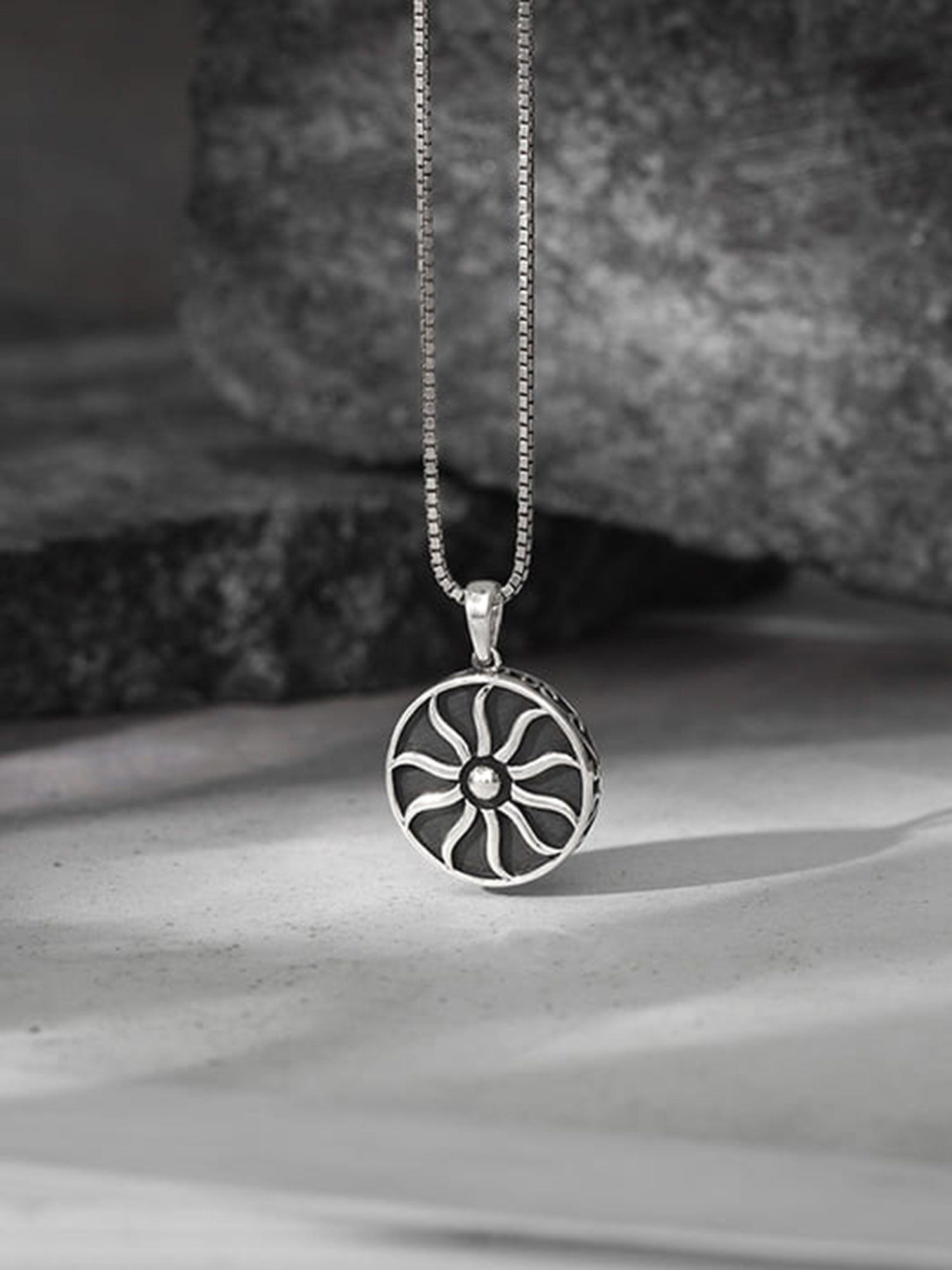 Oxidised Silver Sunshine Pendant With Box Chain For Him