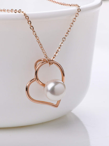 Rose Gold Pearl Heart Pendant with Link Chain
