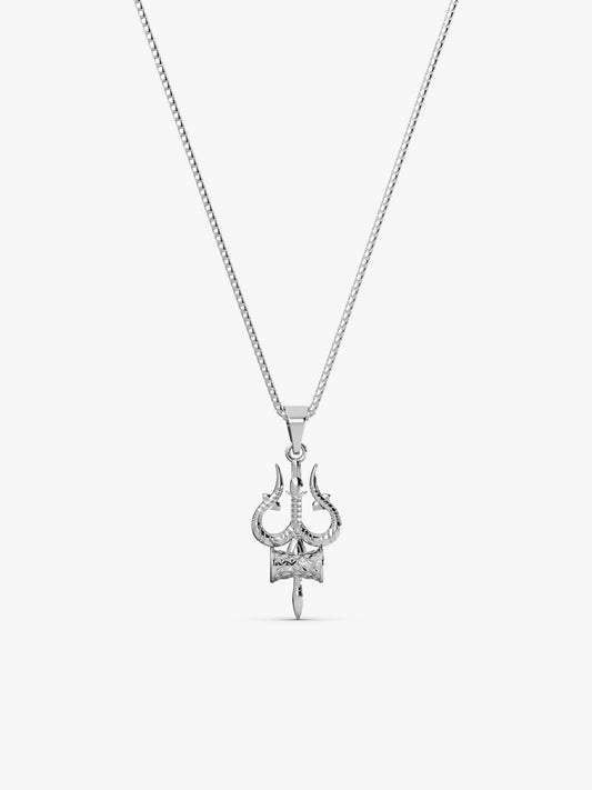 Silver Trishul And Damru Pendant With Box Chain For Him