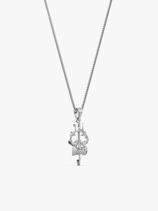 Silver Trishul And Damru Pendant With Box Chain For Him