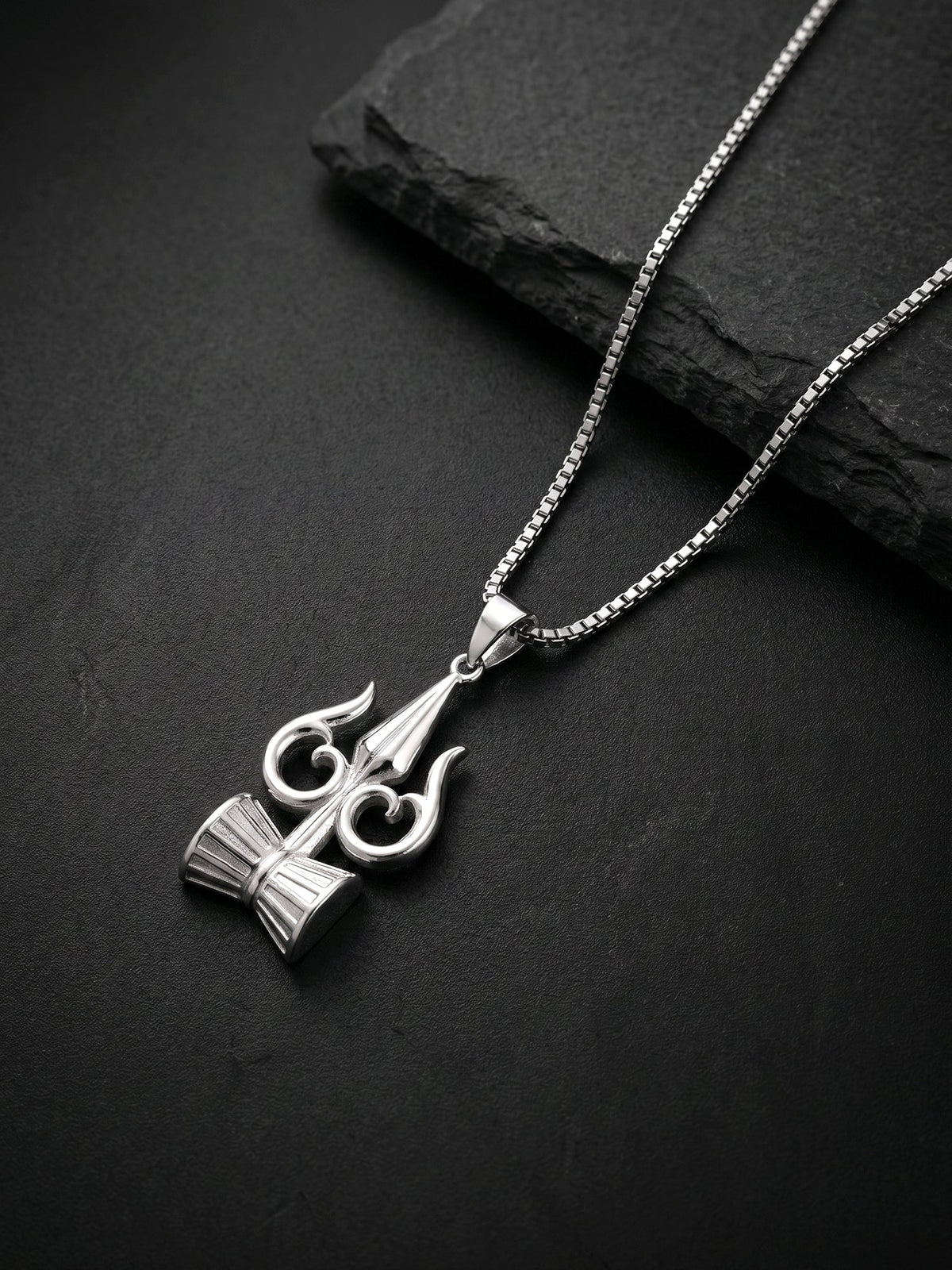 Silver Trishul And Damru Pendant With Box Chain For Him
