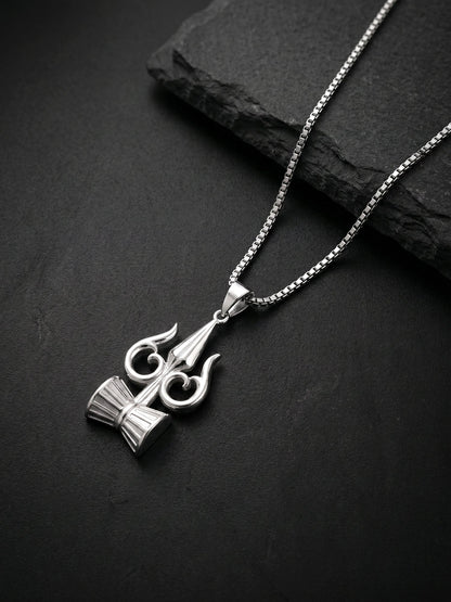 Silver Trishul And Damru Pendant With Box Chain For Him