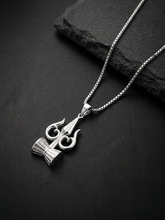 Silver Trishul And Damru Pendant With Box Chain For Him