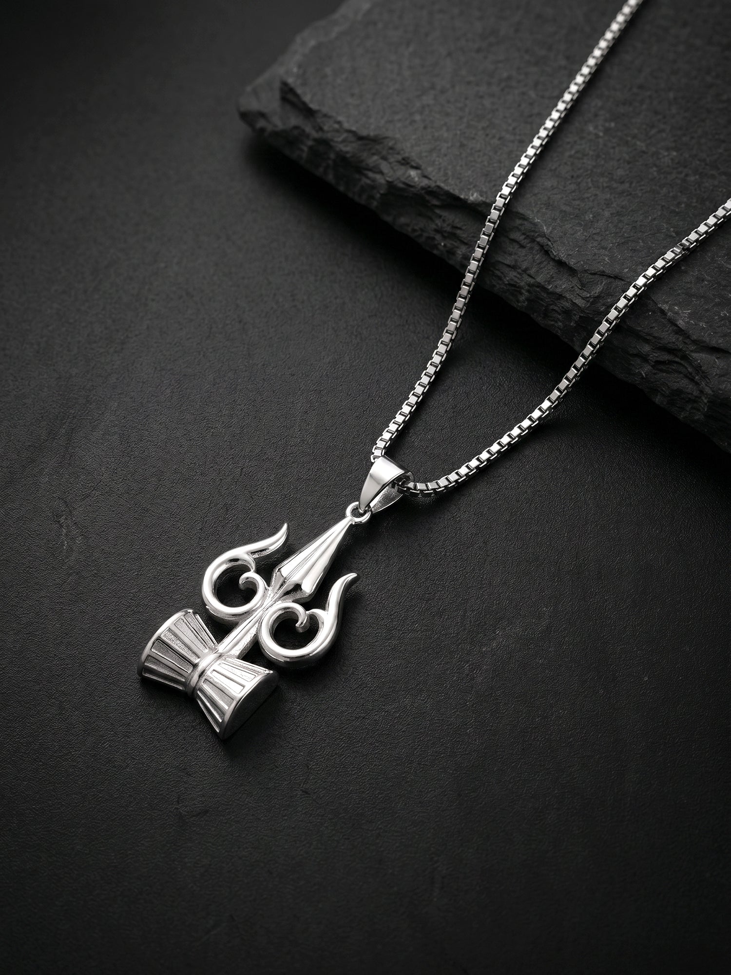 Silver Trishul And Damru Pendant With Box Chain For Him