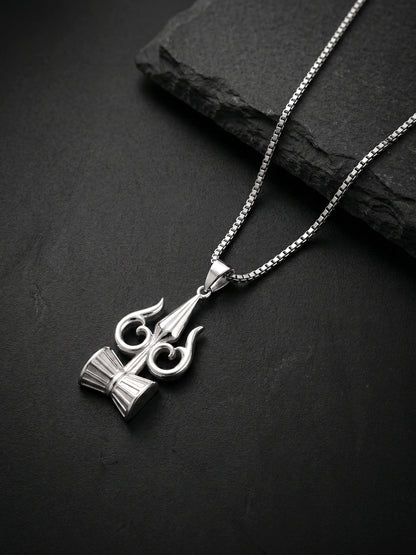 Silver Trishul And Damru Pendant With Box Chain For Him