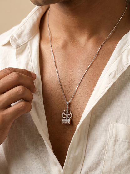 Silver Trishul And Damru Pendant With Box Chain For Him