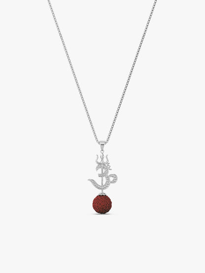 Silver Om Trishul Rudraksha Pendant With Box Chain For Him