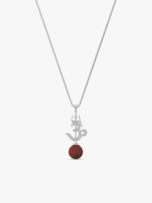 Silver Om Trishul Rudraksha Pendant With Box Chain For Him