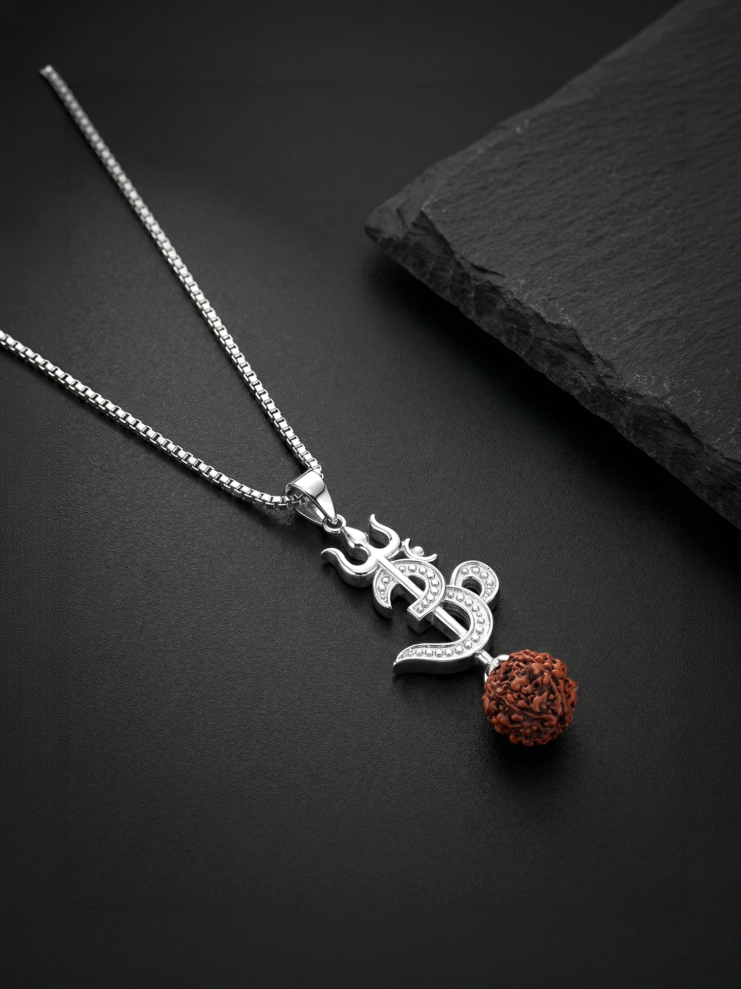 Silver Om Trishul Rudraksha Pendant With Box Chain For Him
