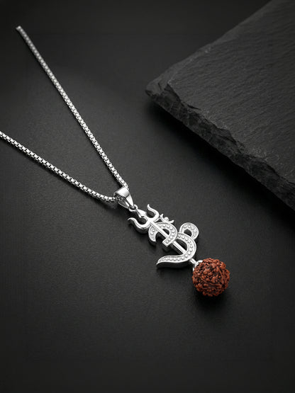 Silver Om Trishul Rudraksha Pendant With Box Chain For Him