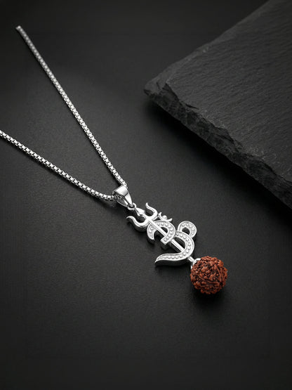 Silver Om Trishul Rudraksha Pendant With Box Chain For Him