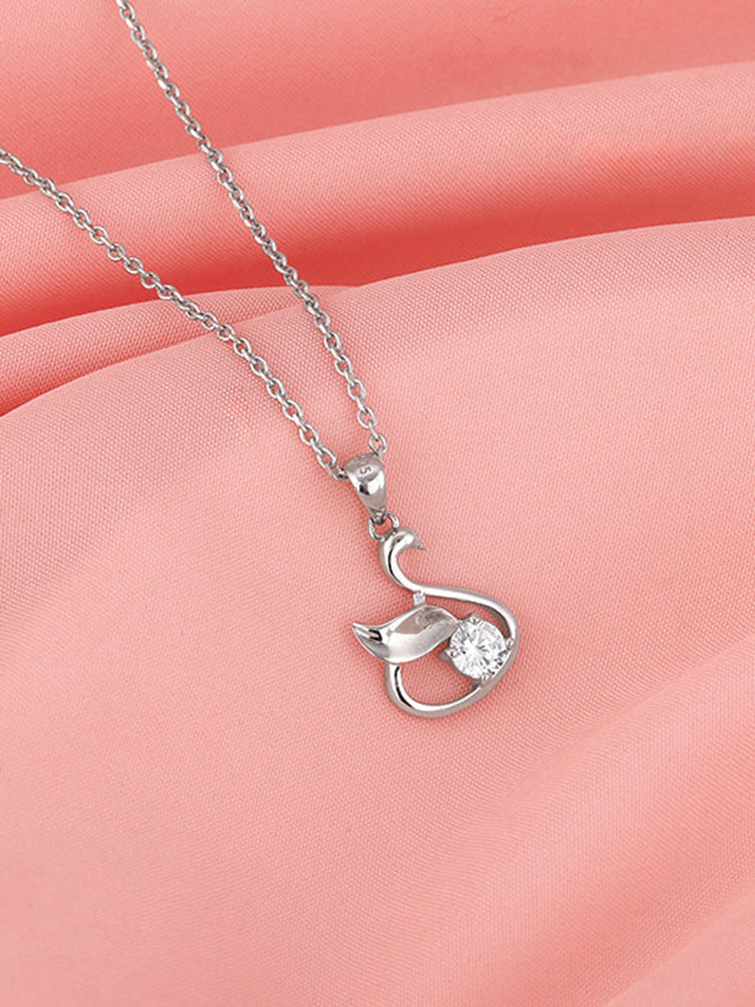 Silver Zircon Swan Pendant with Link Chain
