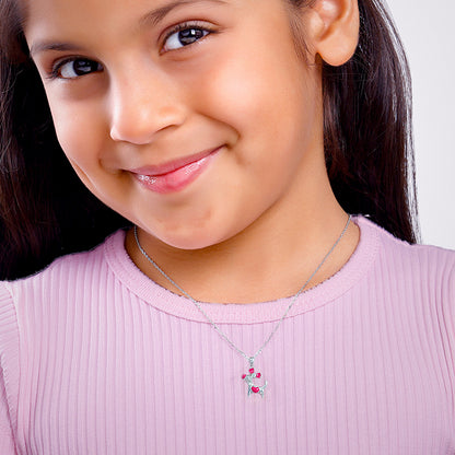 Silver Pink Puppy Kids Pendant With Link Chain