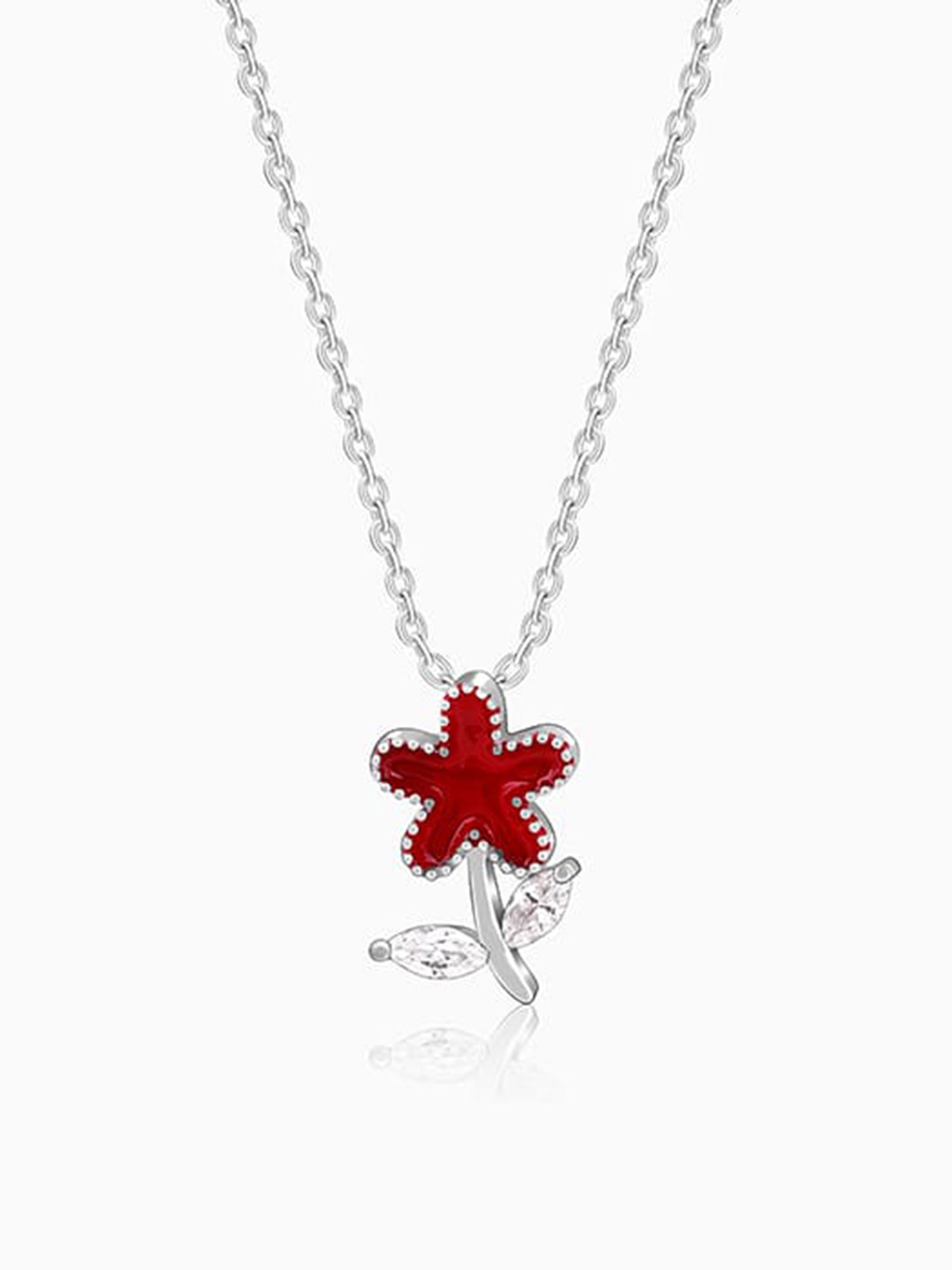 Silver Red Flower Kids Pendant With Link Chain