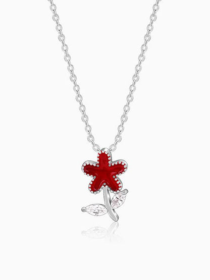 Silver Red Flower Kids Pendant With Link Chain