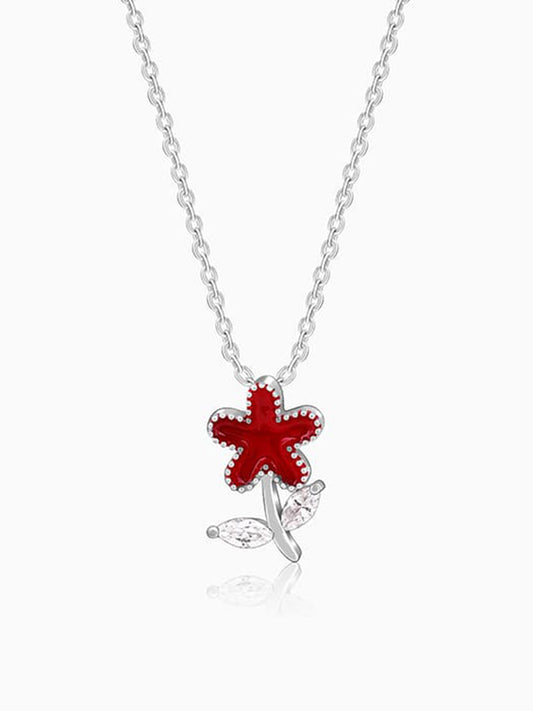 Silver Red Flower Kids Pendant With Link Chain