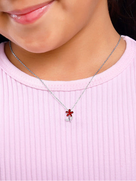 Silver Red Flower Kids Pendant With Link Chain