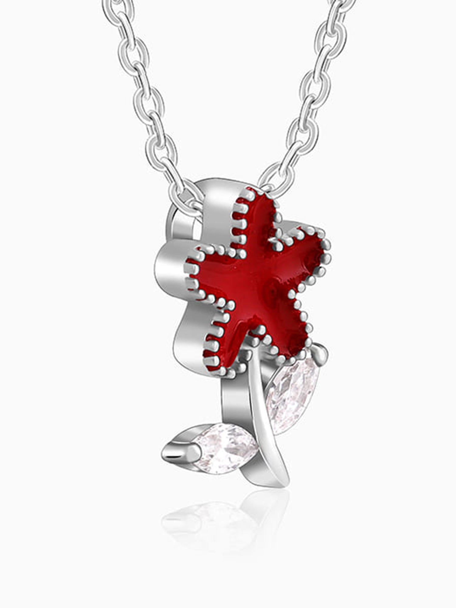 Silver Red Flower Kids Pendant With Link Chain