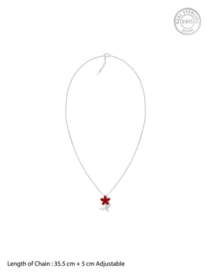 Silver Red Flower Kids Pendant With Link Chain