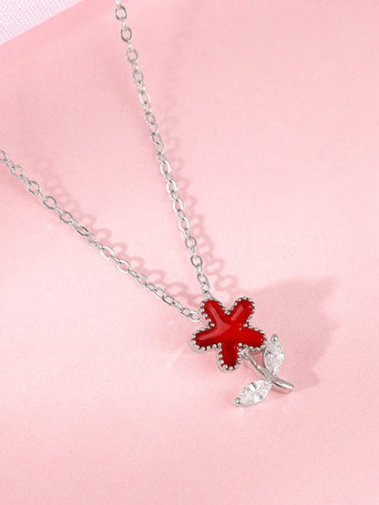 Silver Red Flower Kids Pendant With Link Chain