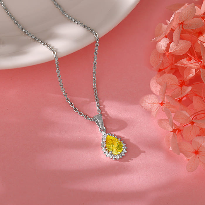 Silver Yellow Drop Pendant With Link Chain - view 2