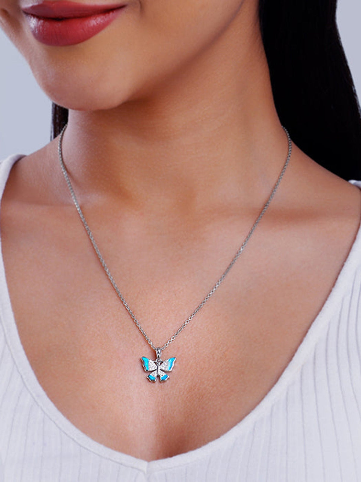 Silver Azure Butterfly Pendant With Link Chain