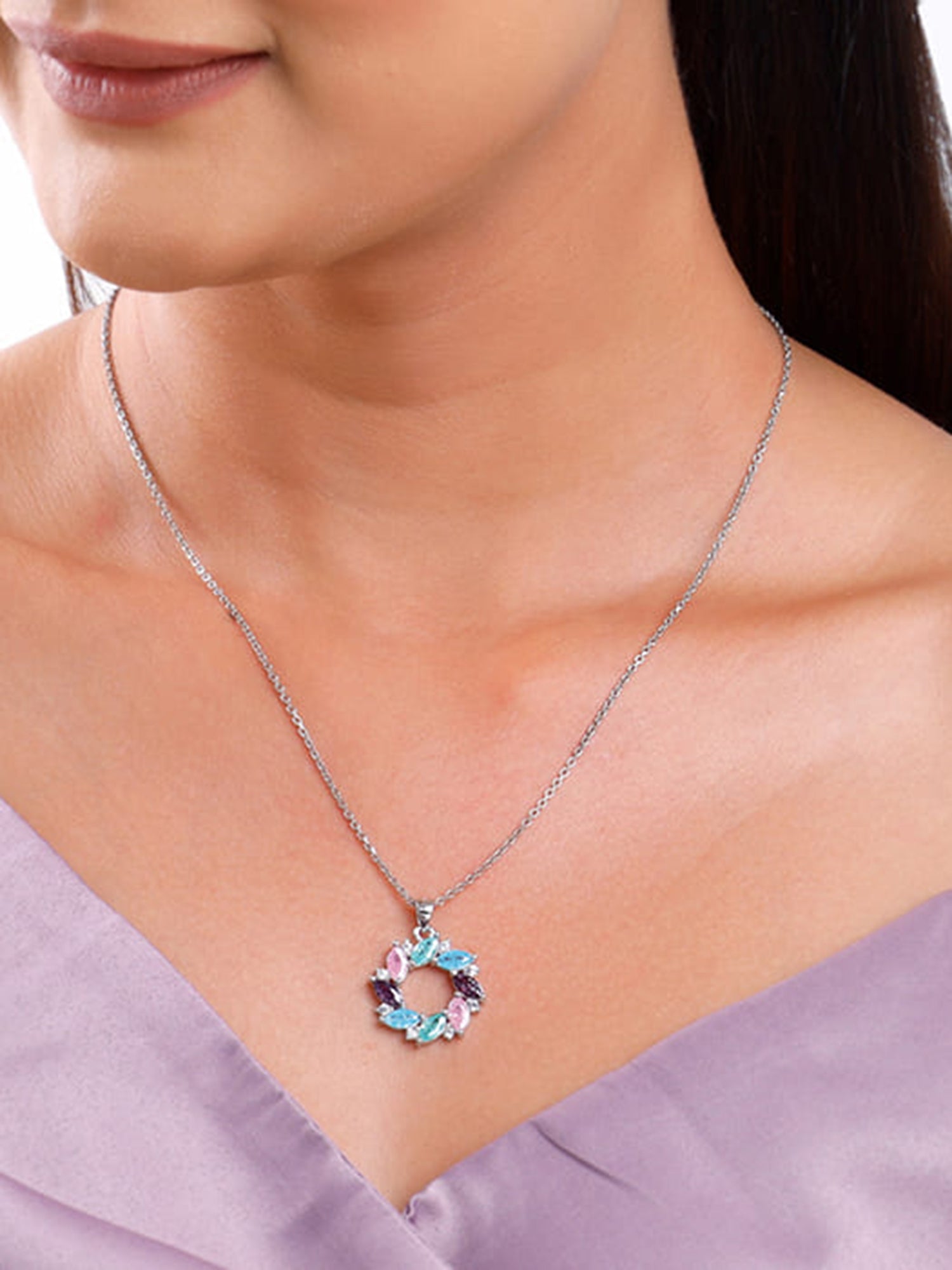 Silver Colourful Wreath Pendant with Link Chain