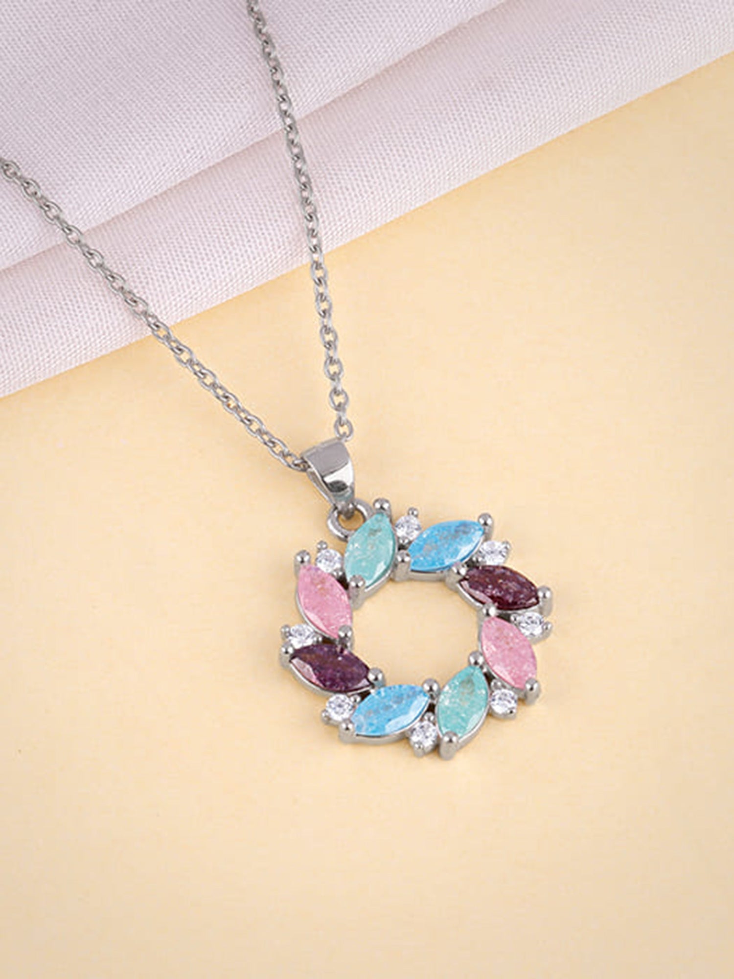 Silver Colourful Wreath Pendant with Link Chain