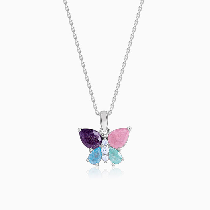 Silver Colourful Butterfly Pendant with Link Chain - Image 1