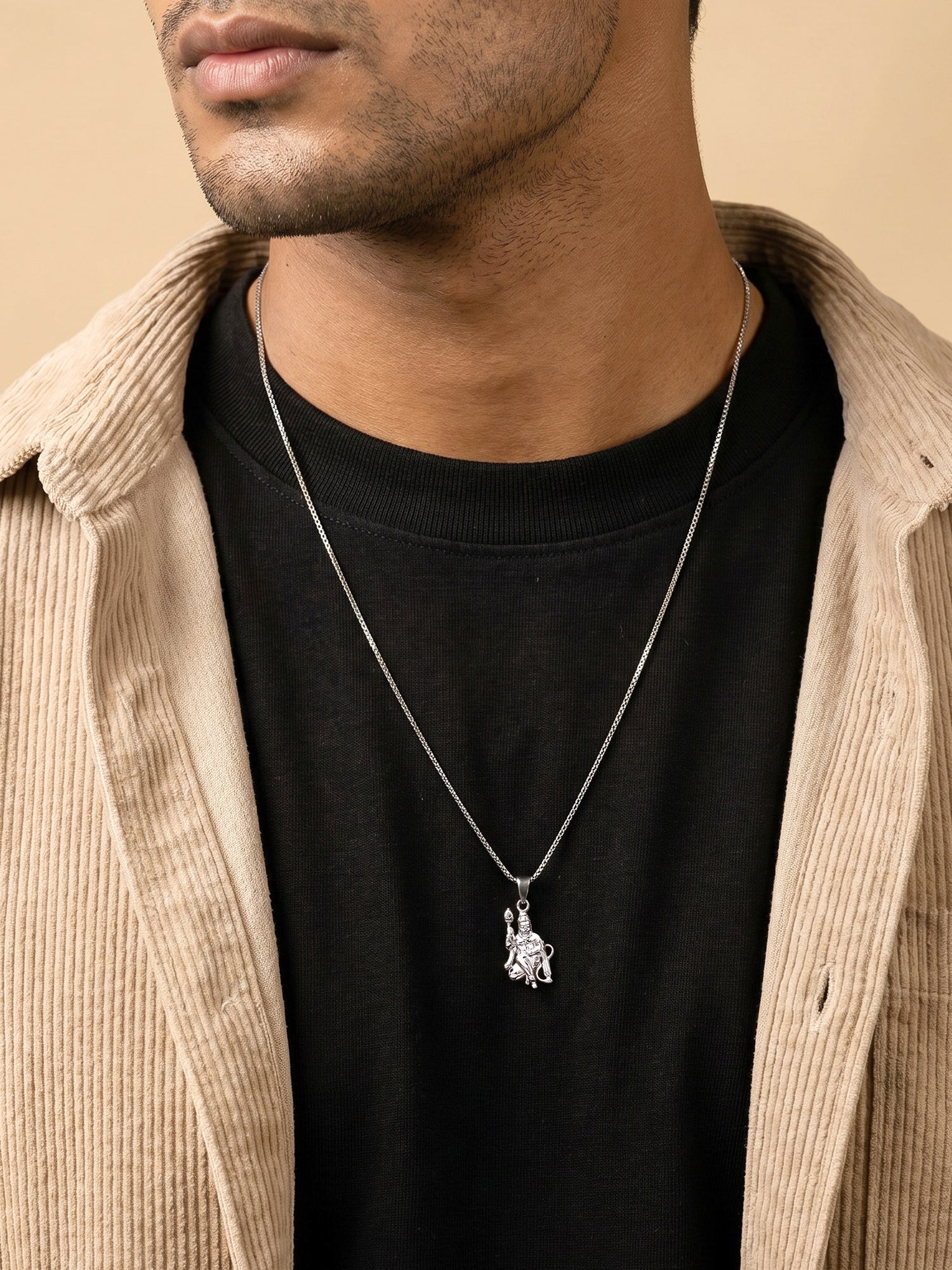 Silver Anjaneya Pendant With Box Chain For Him