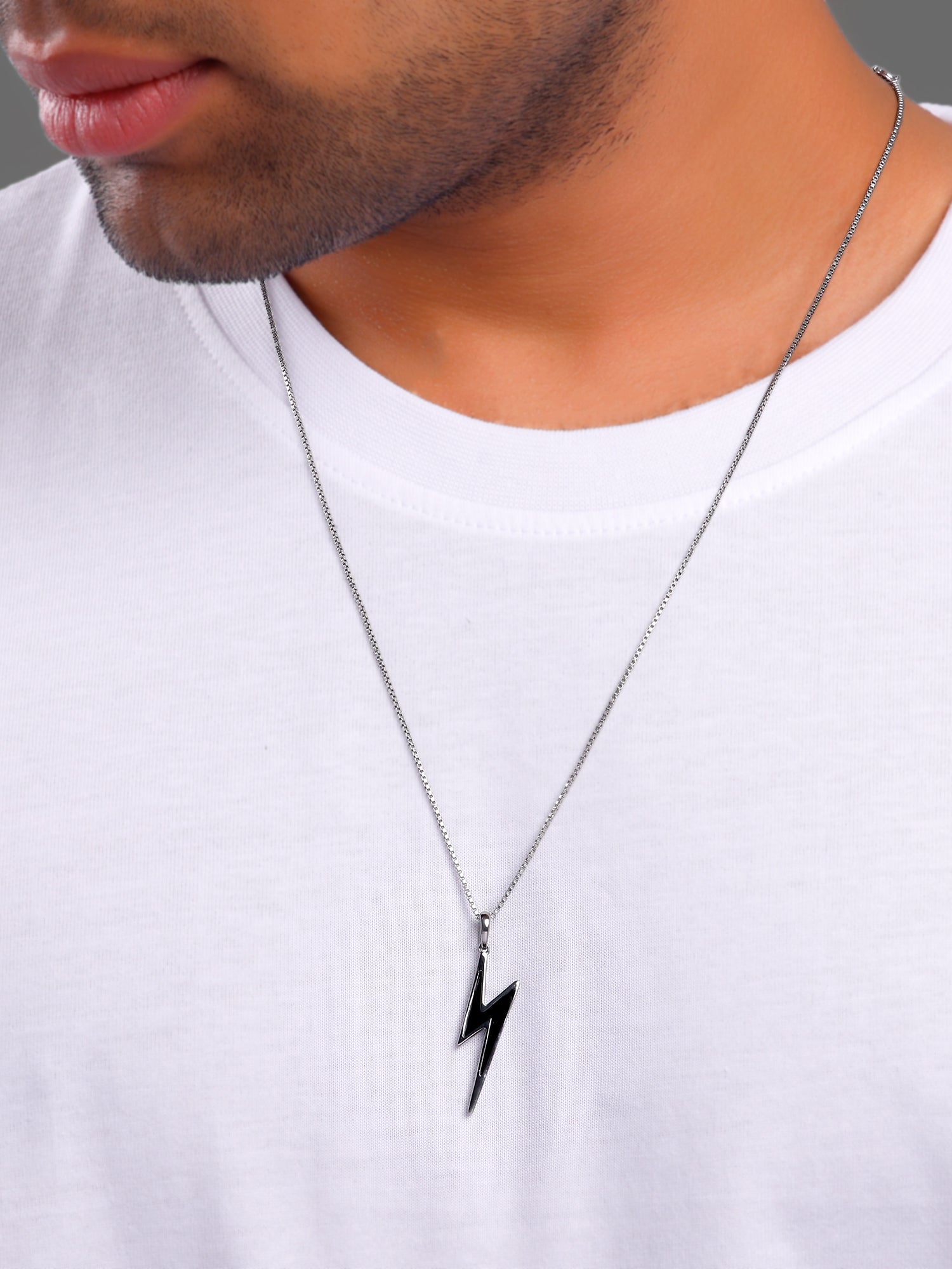 Black Rhodium Thunder Pendant With Box Chain For Him