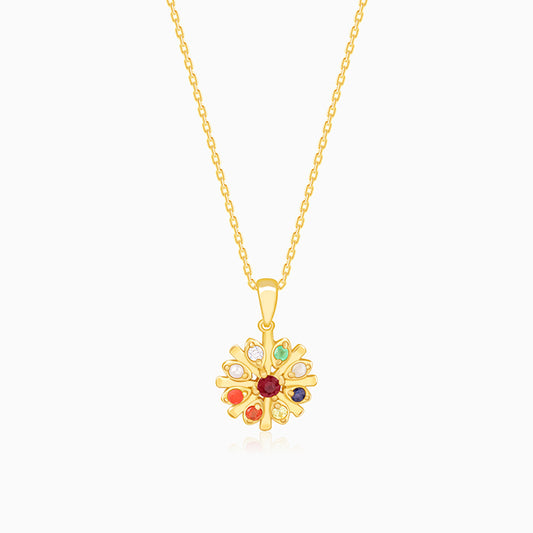 Golden Colourful Flower Pendant With Link Chain