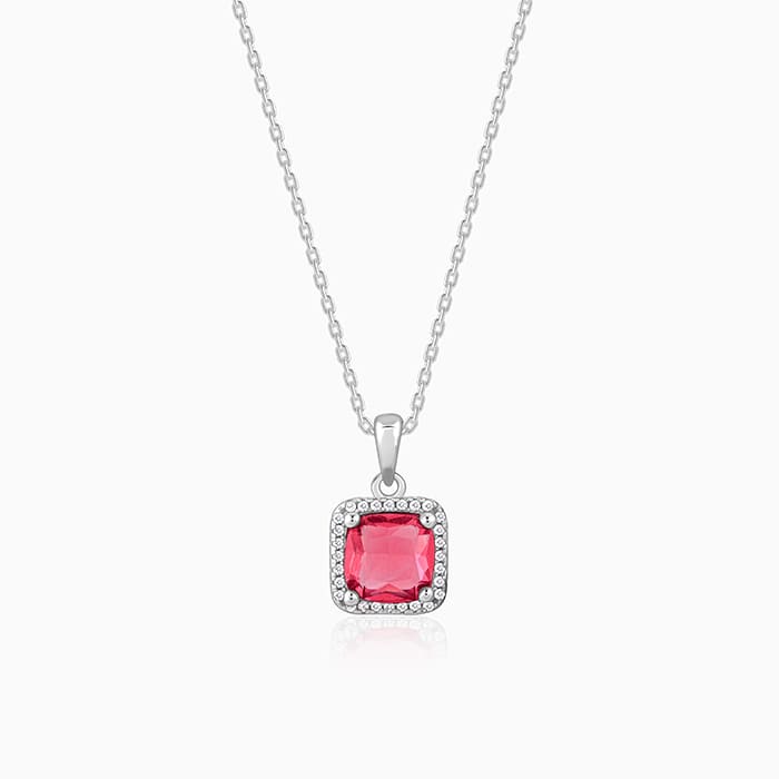 Silver Pink Square Pendant With Link Chain - Image 1