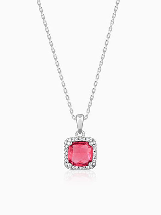 Silver Pink Square Pendant With Link Chain