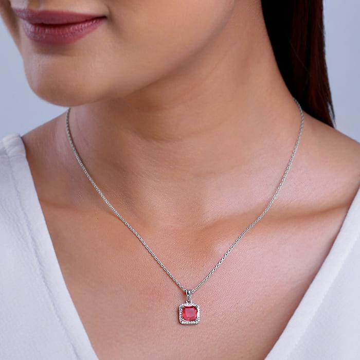 Silver Pink Square Pendant With Link Chain - view 3