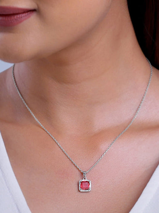 Silver Pink Square Pendant With Link Chain