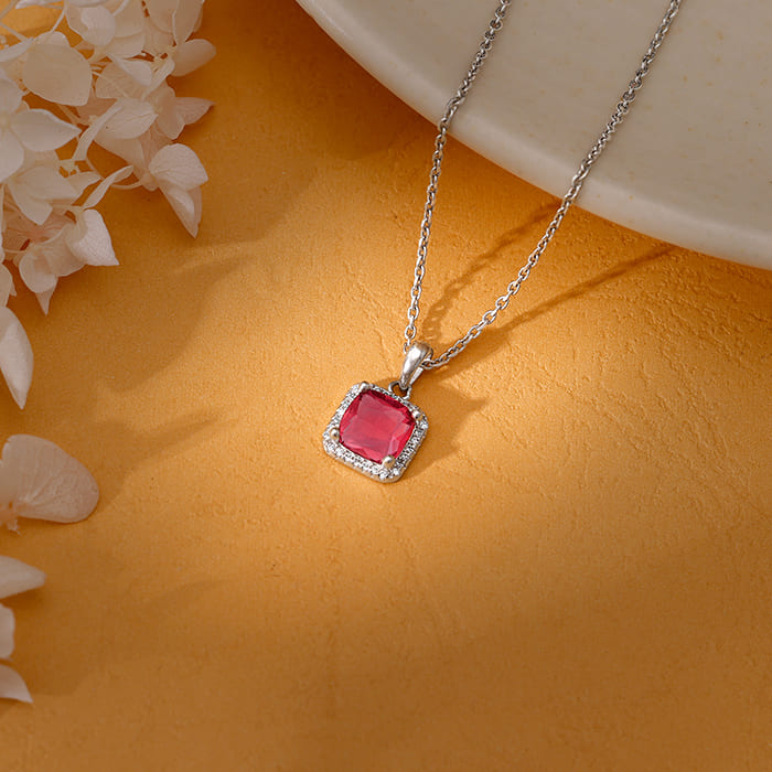 Silver Pink Square Pendant With Link Chain - view 2