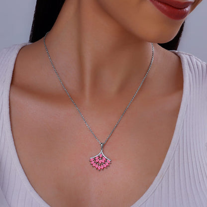 Silver Pink Floret Pendant With Link Chain