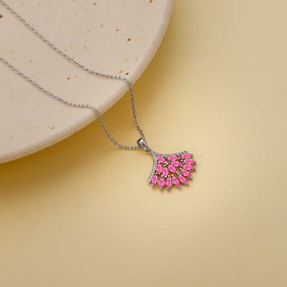 Silver Pink Floret Pendant With Link Chain