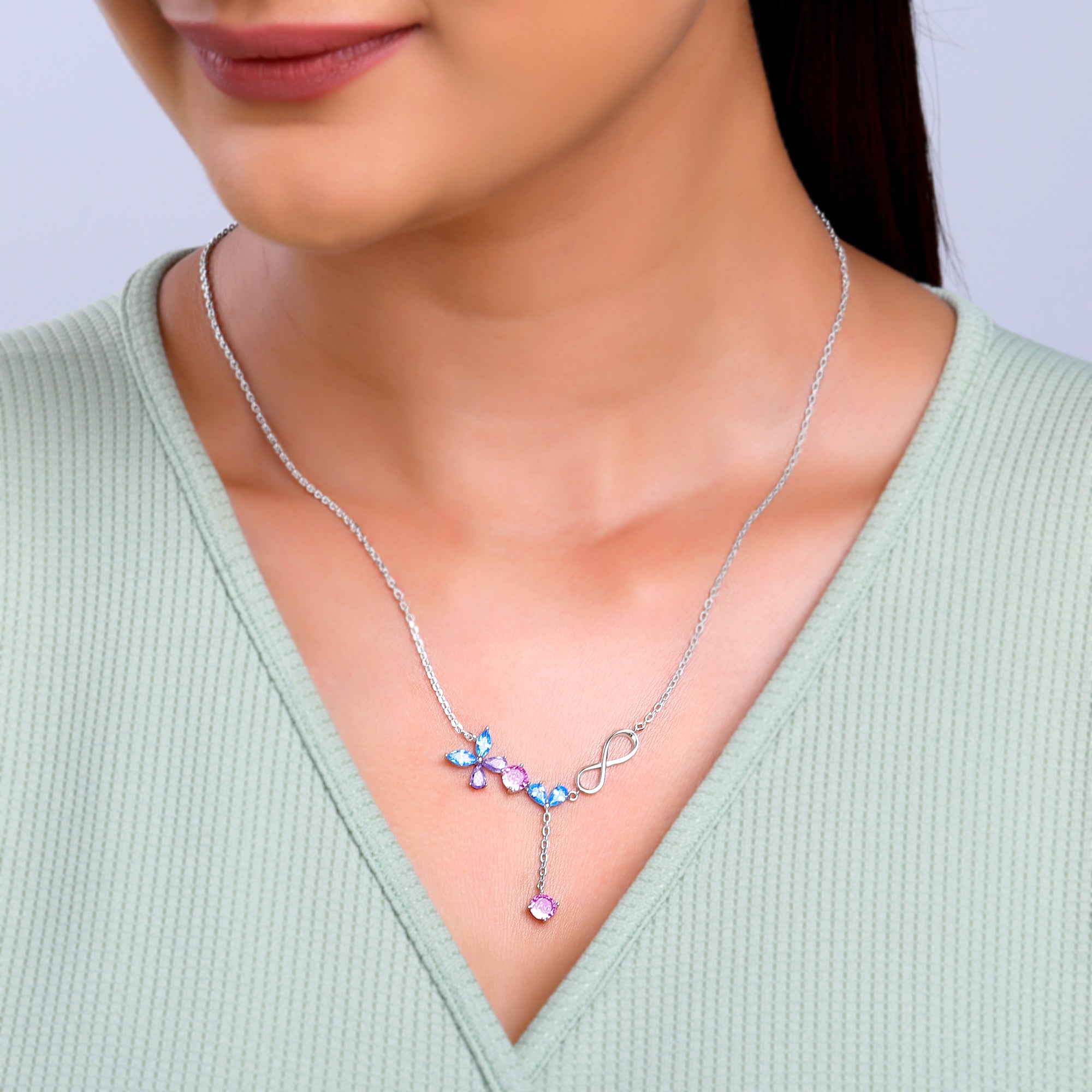 Silver Blue Butterfly Infinity Necklace - view 3