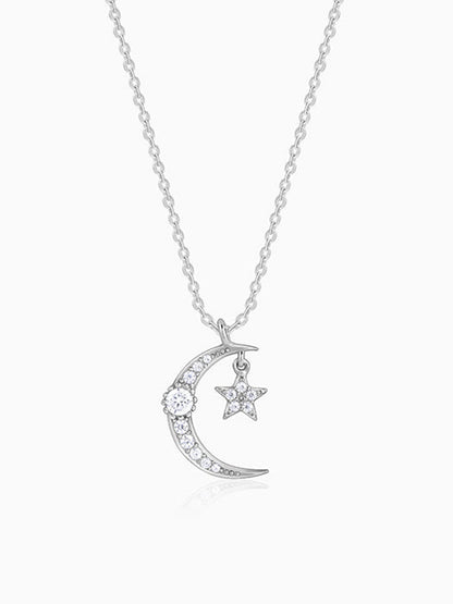 Silver Crescent Moon Star Pendant with Link Chain