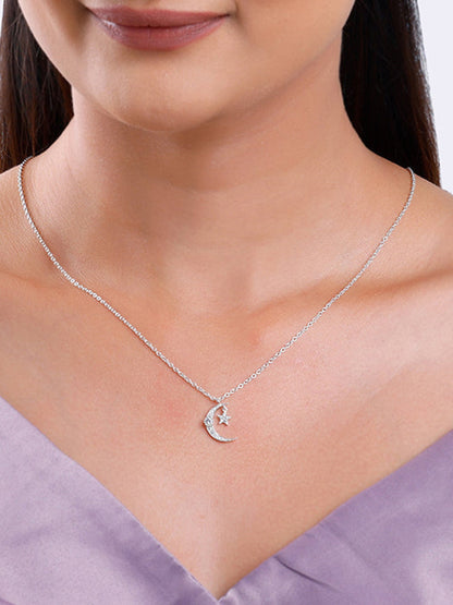 Silver Crescent Moon Star Pendant with Link Chain