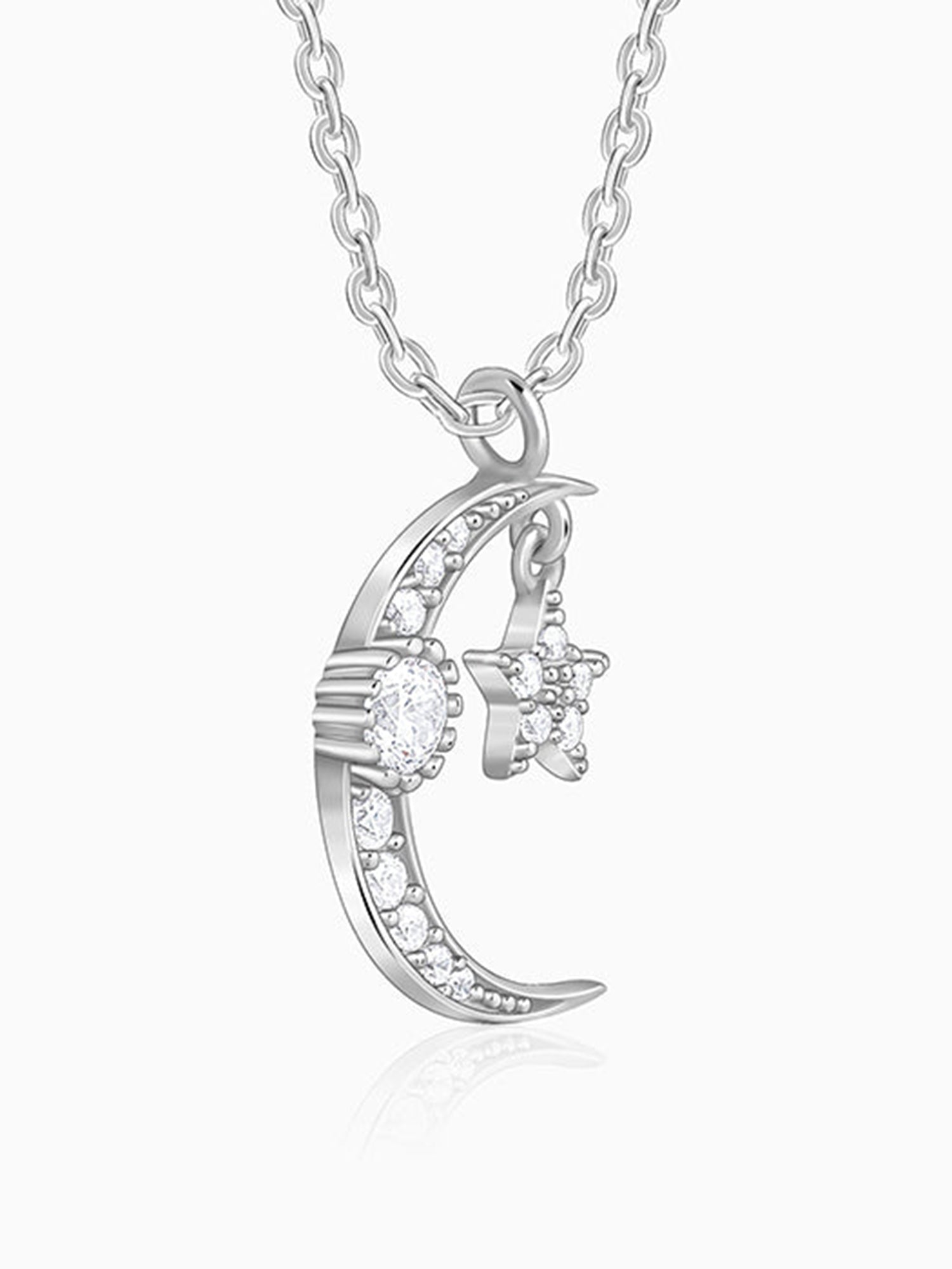 Silver Crescent Moon Star Pendant with Link Chain